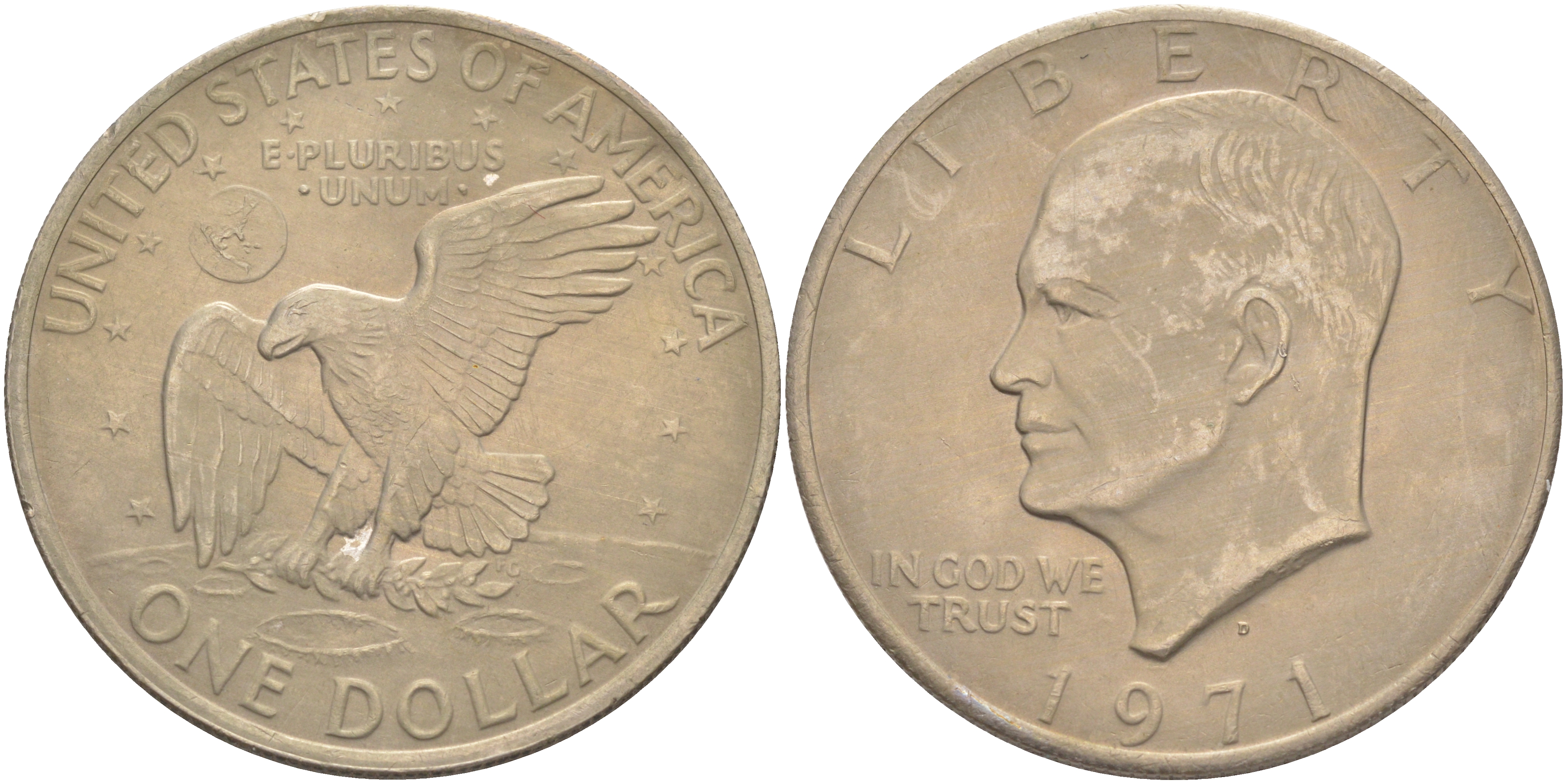 США 1 доллар 1971 D, Президент Эйзенхауэр, лунный орел KM 203 медь плакированная медно-никелем 4552-111