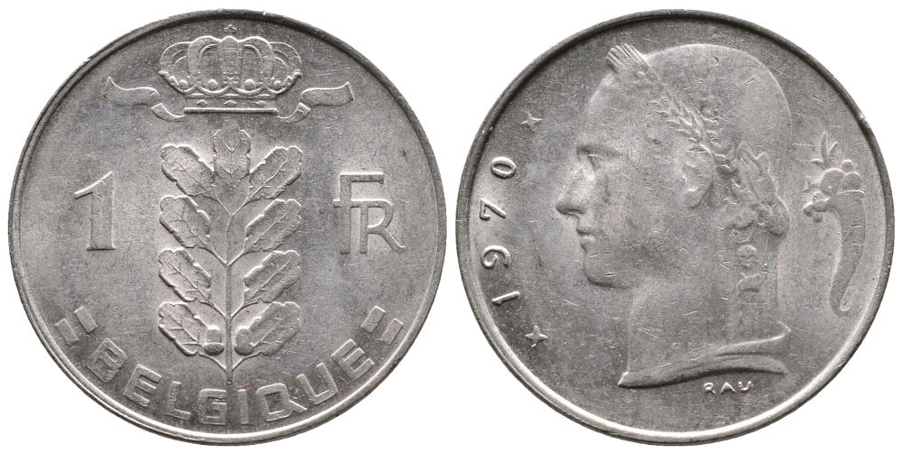 БЕЛЬГИЯ 1 ФРАНК 1970 BELGIQUE KM 142.1 медно-никель 4382-933