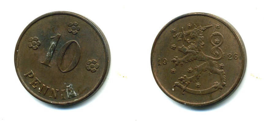 Финляндия 10 пенни 1926 республика (1918-1962) KM 24 медь 46-2654