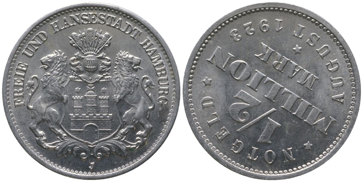 Гамбург 1/2 миллиона марок = 500000 марок 1923 брак, разворот 140 градусов Funck 636.2, Men18 13079.18 алюминий UNC 4599-431