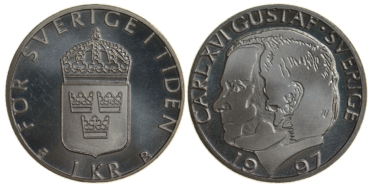 Швеция 1 крона 1997 Карл XVI Густав (1973- ) KM 852a медно-никель UNC 4179-1247