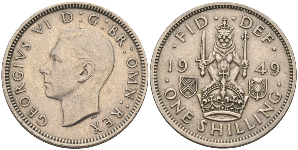 Великобритания 1 шиллинг 1949 Георг VI (1936-1952), Шотландский герб KM 877, Spink 4109 медно-никель 4126-411