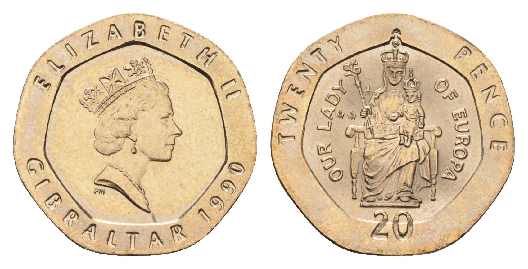 Гибралтар 20 пенсов 1990 KM 16 медно-никель UNC 4668-526