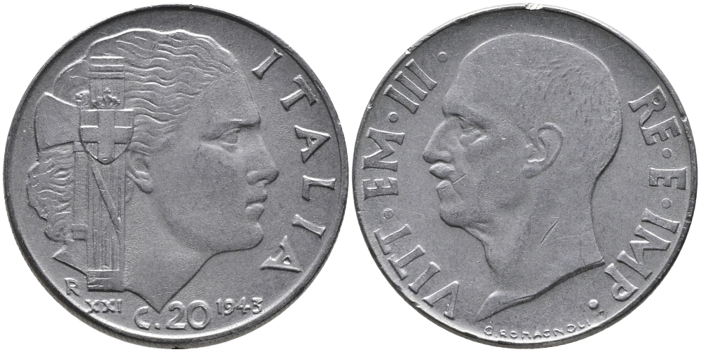 Италия 20 чентезимо 1943 R, Виктор Эммануил III (1900-1946), XXI год KM 75b, VEM3. 1031 нержавеющая сталь 85-432