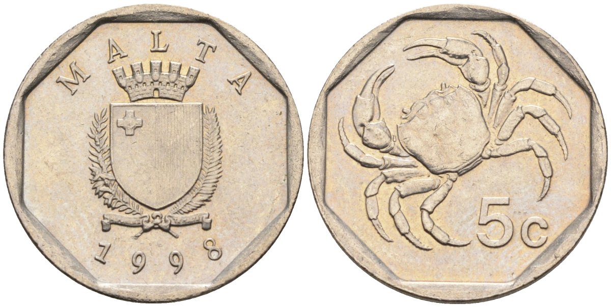 Мальта 5 центов 1995 краб KM 95 медно-никель 4588-137