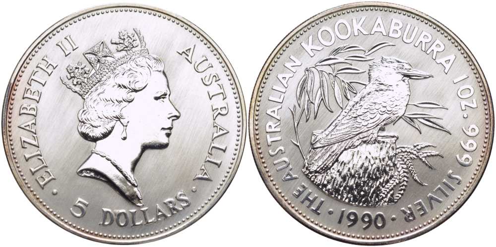 Австралия 5 долларов 1990 кукабара, 1 унция KM 189 серебро UNC 02-262-45