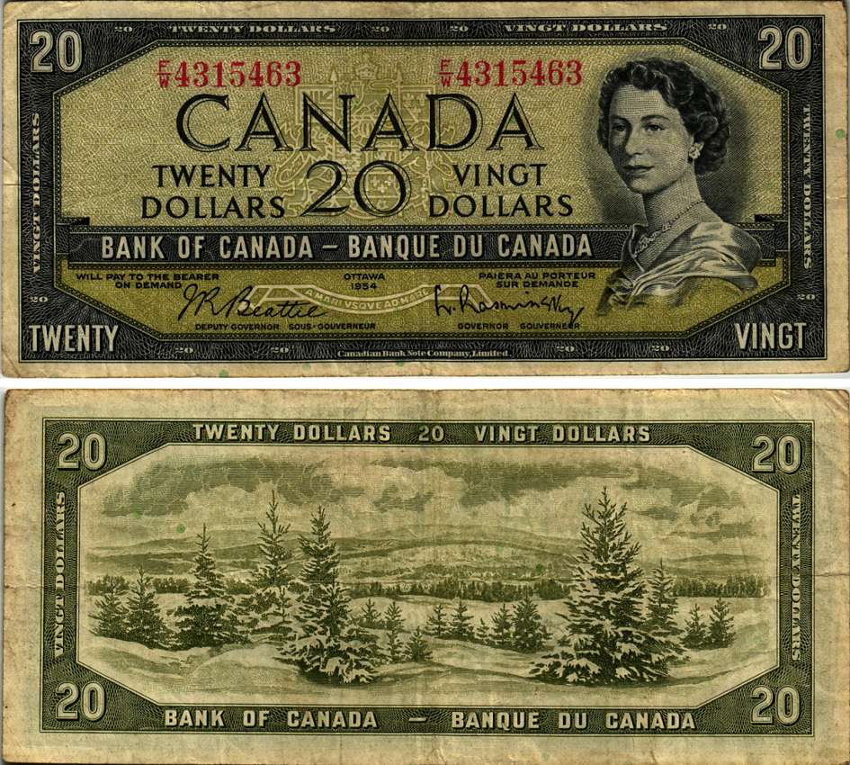 КАНАДА 20 ДОЛЛАРОВ 1961-1970 ЕЛИЗАВЕТА II, ПОДПИСЬ BEATTIE-RASMINSKY, CBNC Pick 80b бумага 000-00-00