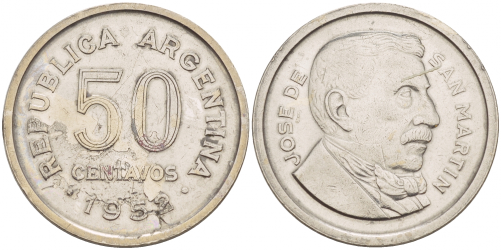 Аргентина 50 сентаво 1952 генерал Хосе де Сан Мартин KM 49 сталь плакированная никелем 4548-334