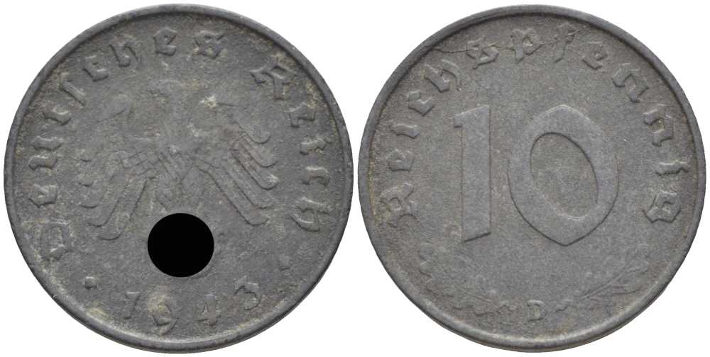 ГЕРМАНИЯ 10 РЕЙХСПФЕННИГОВ 1943 D KM 101, J. 371 цинк 4401-555