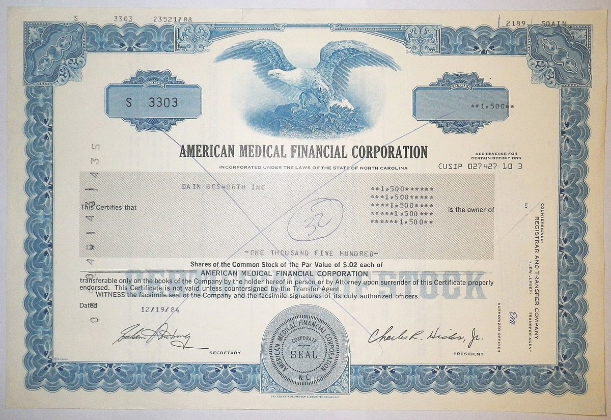 США 1500 акций 1984 AMERICAN MEDICAL FINANCIAL CORPORATION бумага 8805-22-1