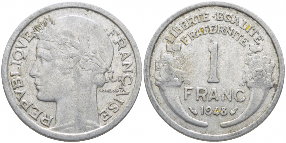 ФРАНЦИЯ 1 ФРАНК 1948 ТИП MORLON, LEGERE KM 885a.1, LE FRANC 221.13 алюминий 3856-444