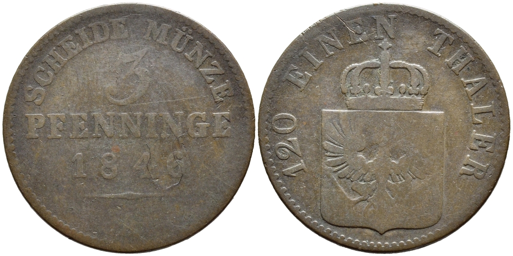 ПРУССИЯ 3 ПФЕННИГА 1846 А, ФРИДРИХ ВИЛЬГЕЛЬМ IV (1840-1861) KM 453 медь 87-615