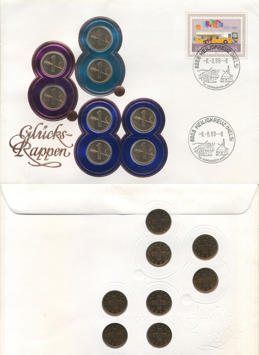 Швейцария набор из 8 монет по 1 раппену 1984 1988 раппен на счастье, в оригинальном конверте с маркой 8.8.88 UNC 1-6-4-38