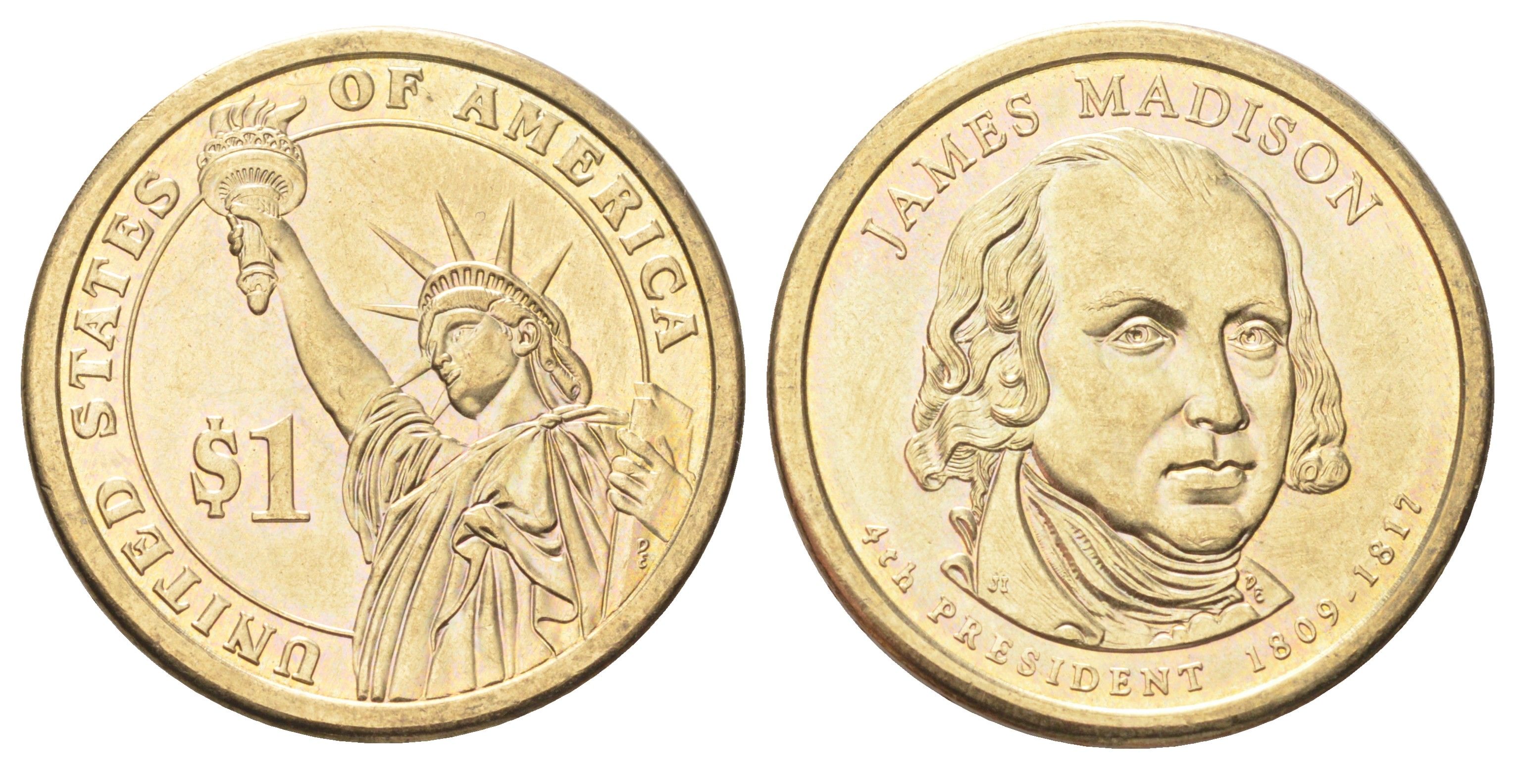 США 1 доллар 2007 Президент США - Джеймс Мэдисон (1809-1817) KM 404 медь с марганцево-латунным покрытием UNC 4666-942