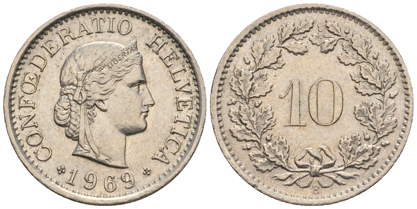 Швейцария 10 раппенов 1969 B KM 27 медно-никель 4609-1019