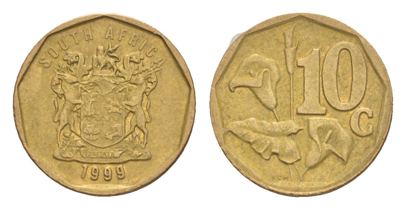 ЮАР 10 центов 1998 герб, цветок алоэ KM 161 сталь плакированная бронзой 4621-936