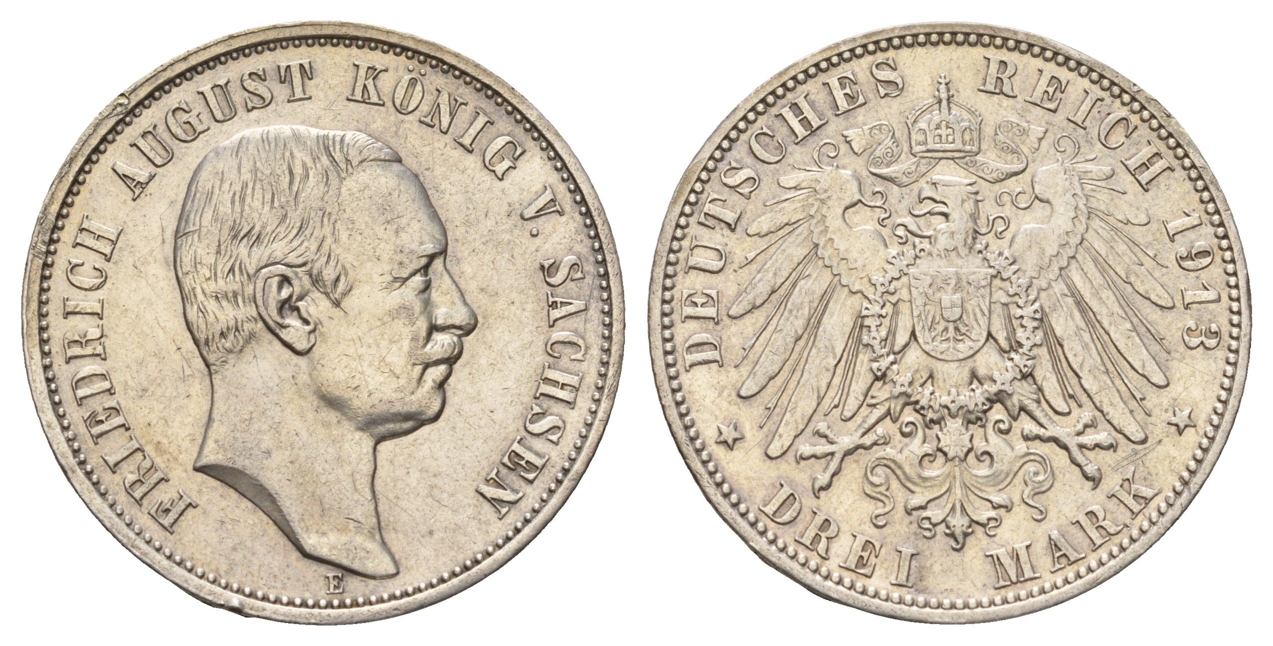 Саксония 3 марки 1913 E, Фридрих Август III (1904-1918) KM 1267 серебро 1525-1225