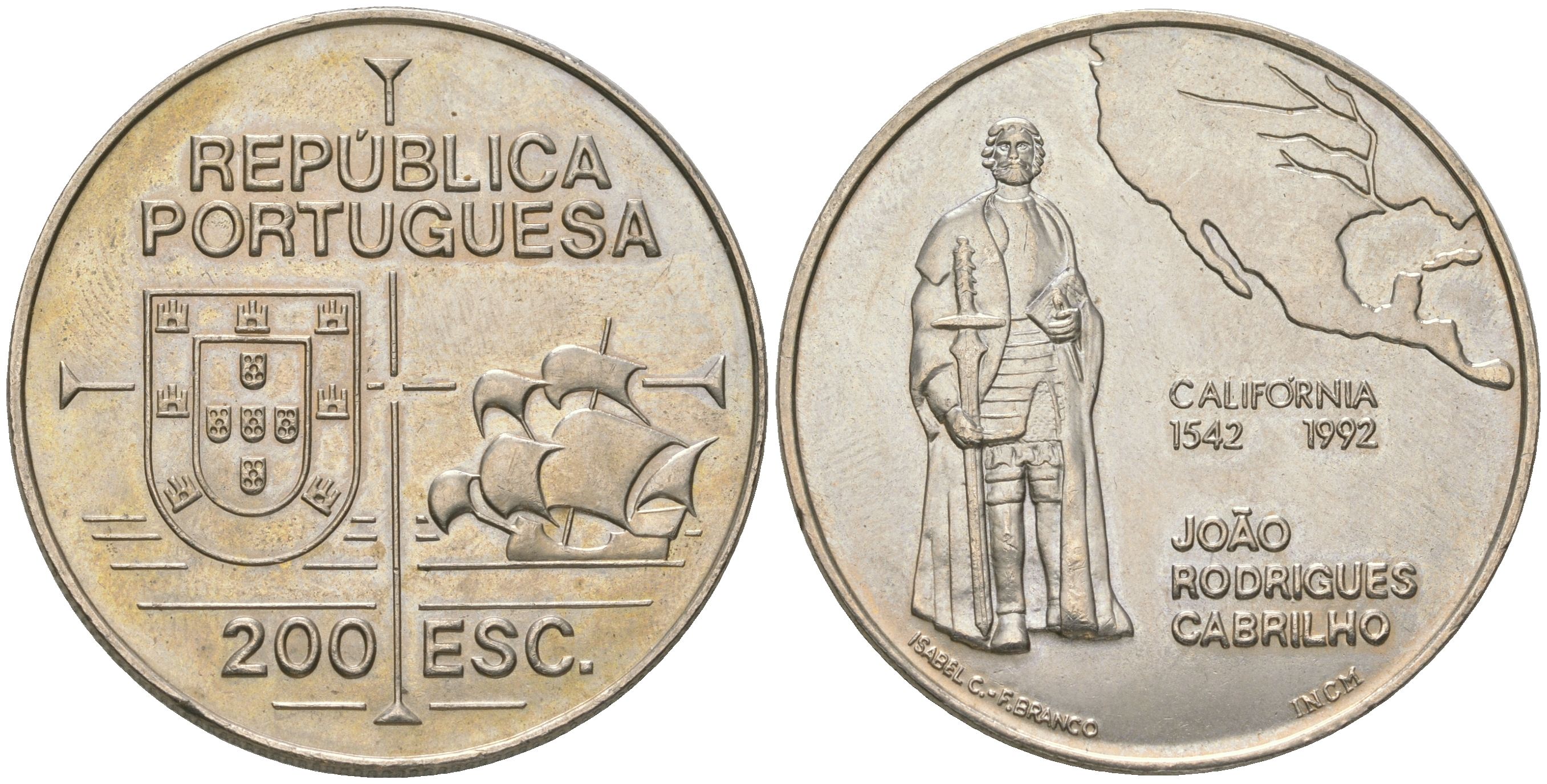 Португалия 200 эскудо 1992 450 лет открытию Калифорнии KM 661 медно-никель UNC 74-431