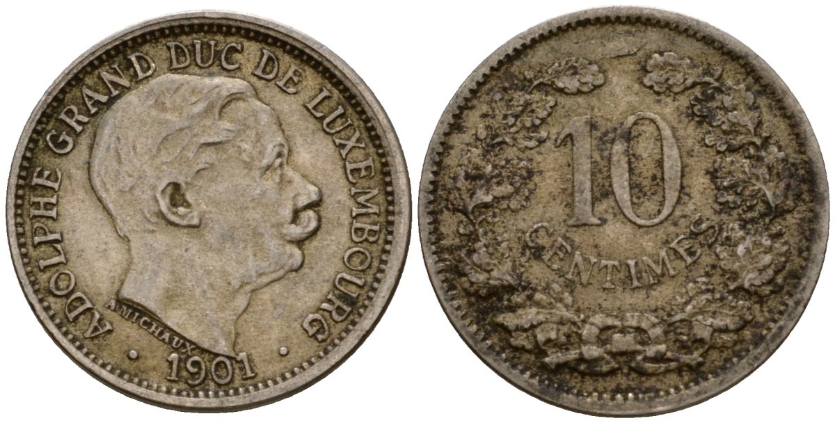 Люксембург 10 сантимов 1901 Адольф (1890-1905) KM 25 медно-никель 4602-422