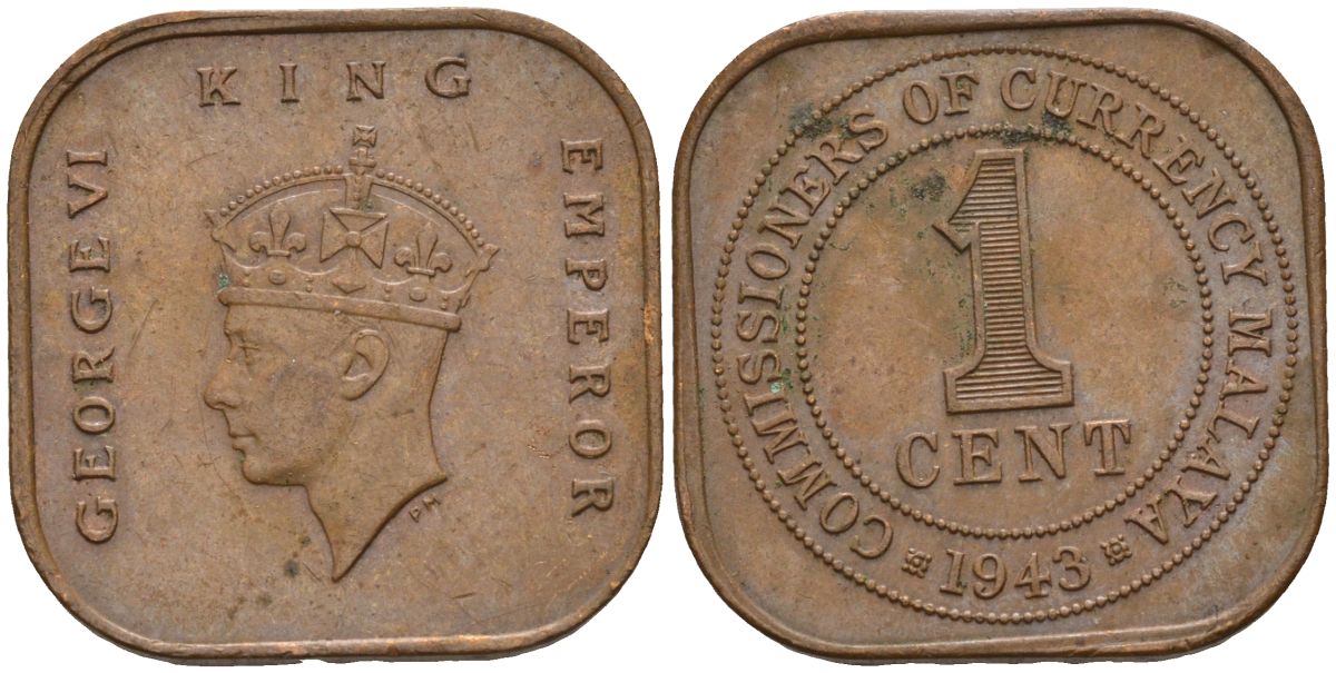 Британская Малайя 1 цент 1943 Георг VI (1937-1952) KM 6 бронза 4153-642