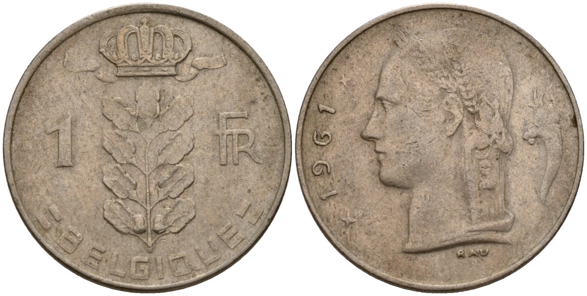 Бельгия 1 франк 1961 Belgique, Бодуэн I (1951-1993) KM 142 медно-никель 4156-623