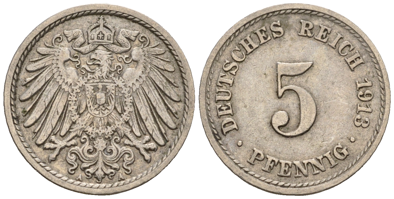 Германия 5 пфеннигов 1913 A, KM 11, J. 12 медно-никель 220-666