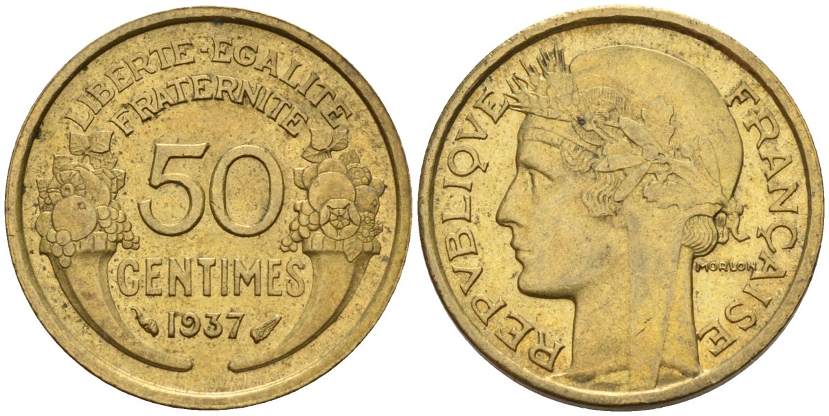 Франция 50 сантимов 1937 KM 894.1, Le Franc 192.15 алюминиевая бронза 4596-769