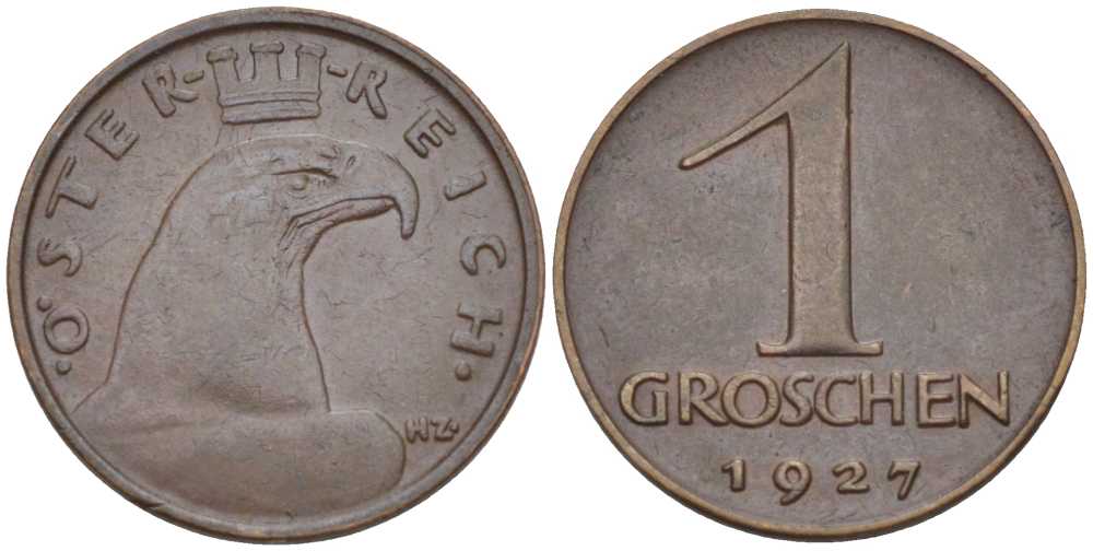 АВСТРИЯ 1 ГРОШ 1927 ДОВОЕННАЯ ДЕСЯТИЧНАЯ ЧЕКАНКА KM 2836 бронза 201-154
