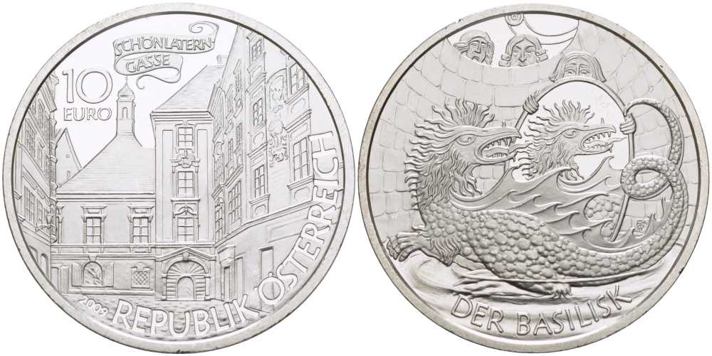 Австрия 10 евро 2009 серии сказки и легенды, Василиск в Вене KM 3176 серебро PROOF 1068-4-63