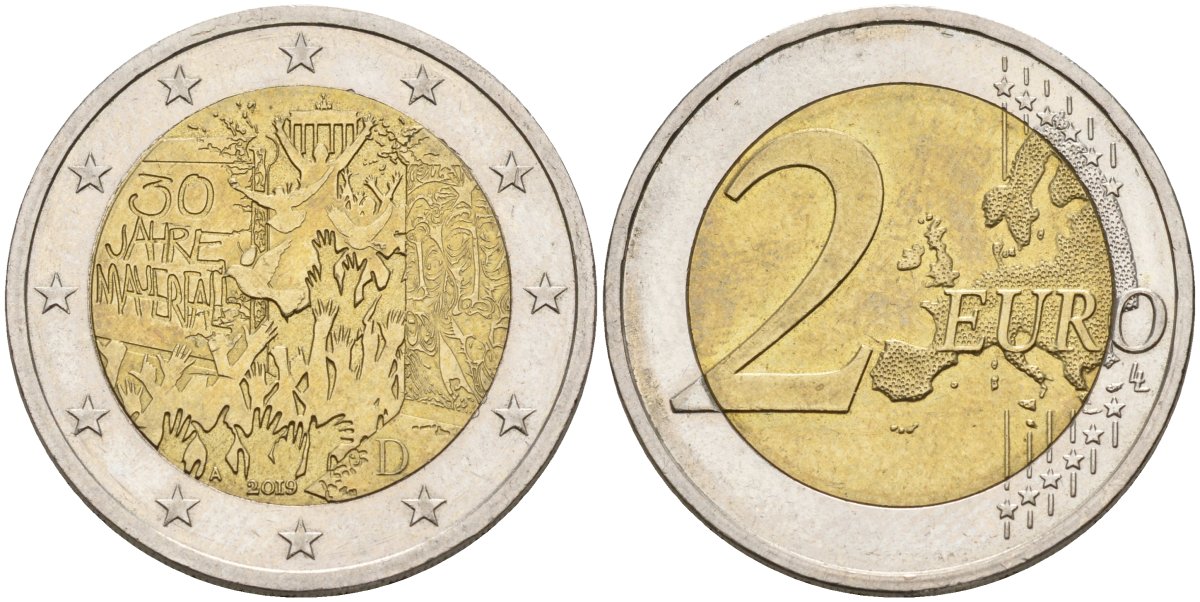 ФРГ 2 евро 2019 D, 30 лет падения Берлинской стены UC 101 биметалл 4132-1111