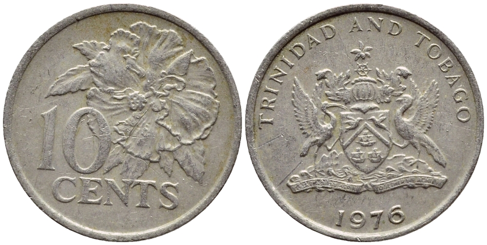 Тринидад и Тобаго 10 центов 1976 цветок гибискуса KM 31 медно-никель 4396-849