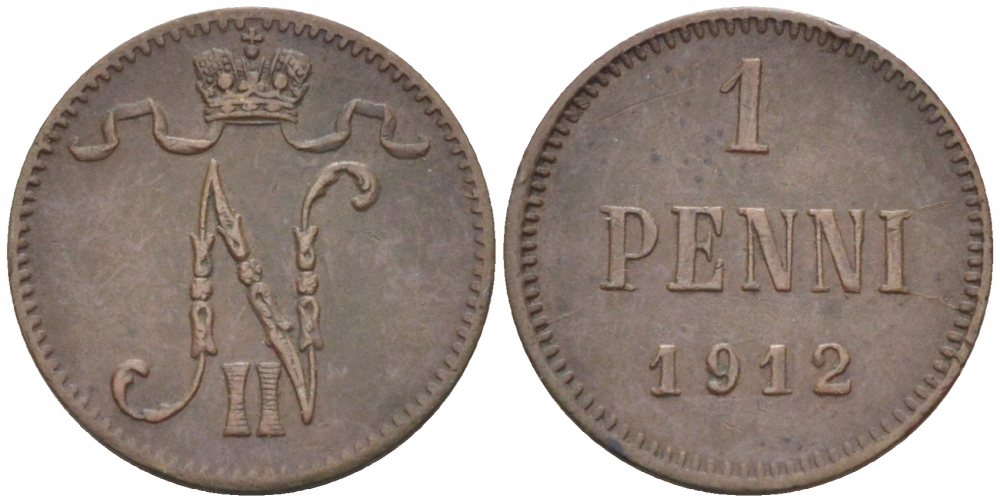 Россия для Финляндии 1 пенни 1912 Николай II (1894-1917) KM 13, Биткин 472 медь 4396-1365