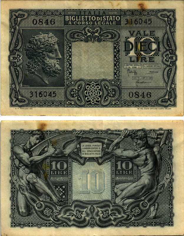 Италия 10 лир 1944 BoLaffi, CavalLaro Pick 32c, Grapanzano BS 49 бумага 8518-41-1-2