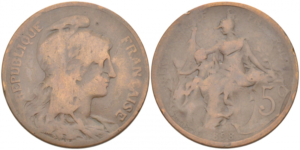 ФРАНЦИЯ 5 САНТИМОВ 1898 ТИП ДАНИЭЛЬ ДЮПЮИ KM 842, LE FRANC 119.5 бронза 77-234
