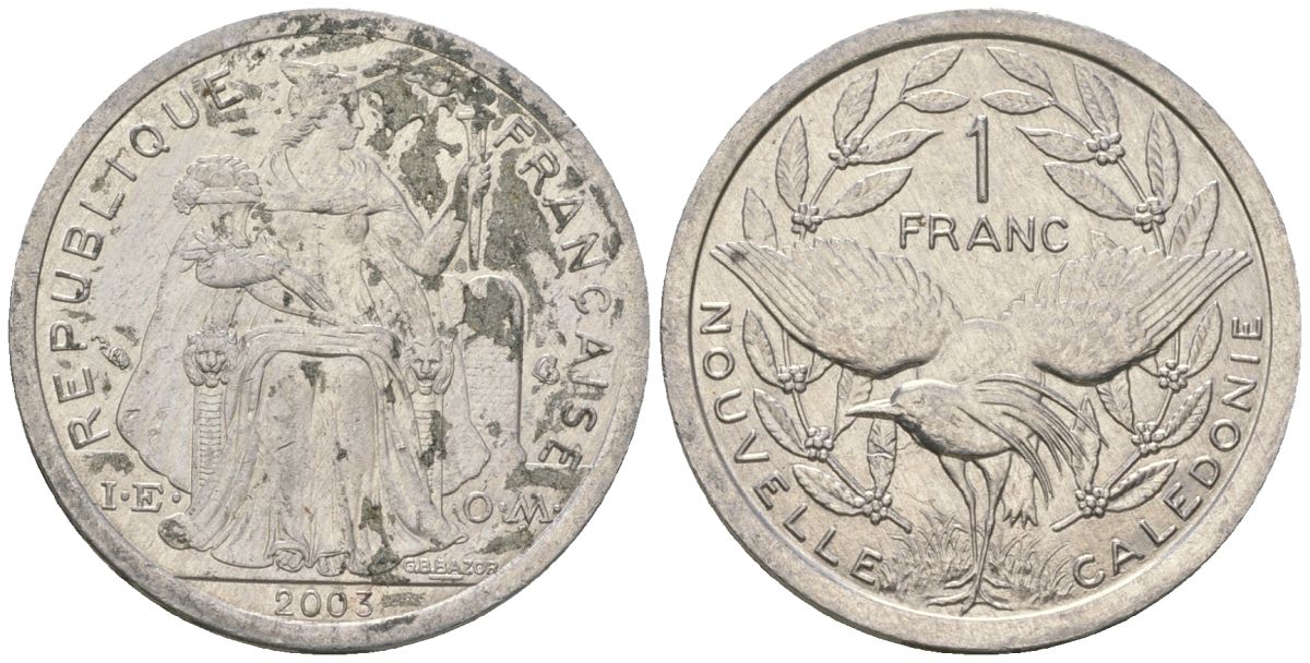 Французская Новая Каледония 1 франк 2003 птица кагу, (IEOM) KM 10, Schoen 10, Lec 52h алюминий 51-111