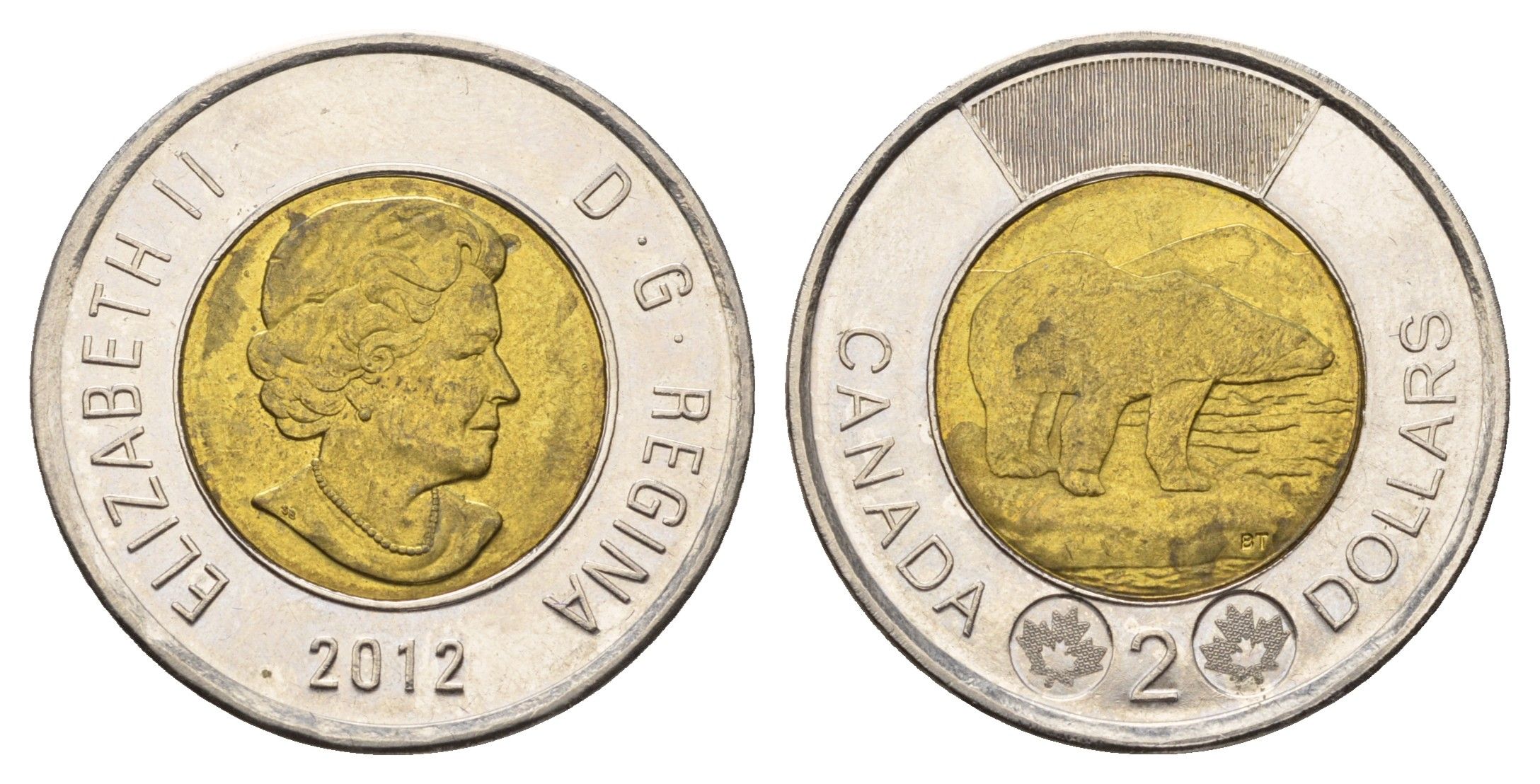 Канада 2 доллара 2012 Leaf, Елизавета II (1952-2022), полярный медведь KM 1257 биметалл UNC 106-1224
