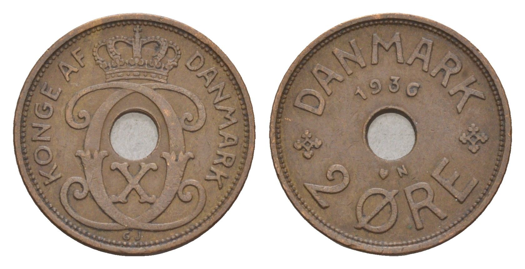 Дания 2 эре 1936 N, Кристиан X (1912-1947) KM 827 бронза 4658-242