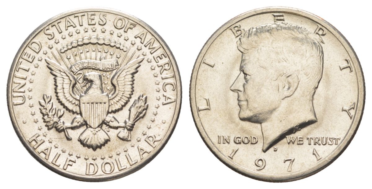 США 1/2 доллара (50 центов) 1971 D, Джон Кеннеди KM 202b медь плакированная медно-никелем aUNC 215-843