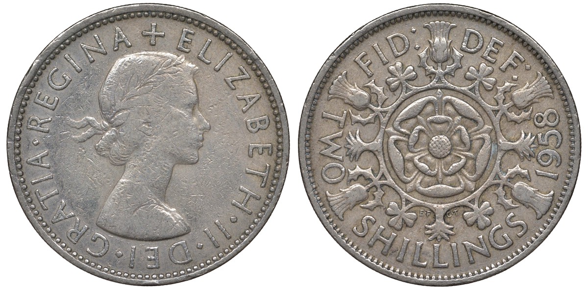 Великобритания 2 шиллинга (флорин) 1958 Елизавета II (1952-2022) KM 906, Spink 4146 медно-никель 4131-535