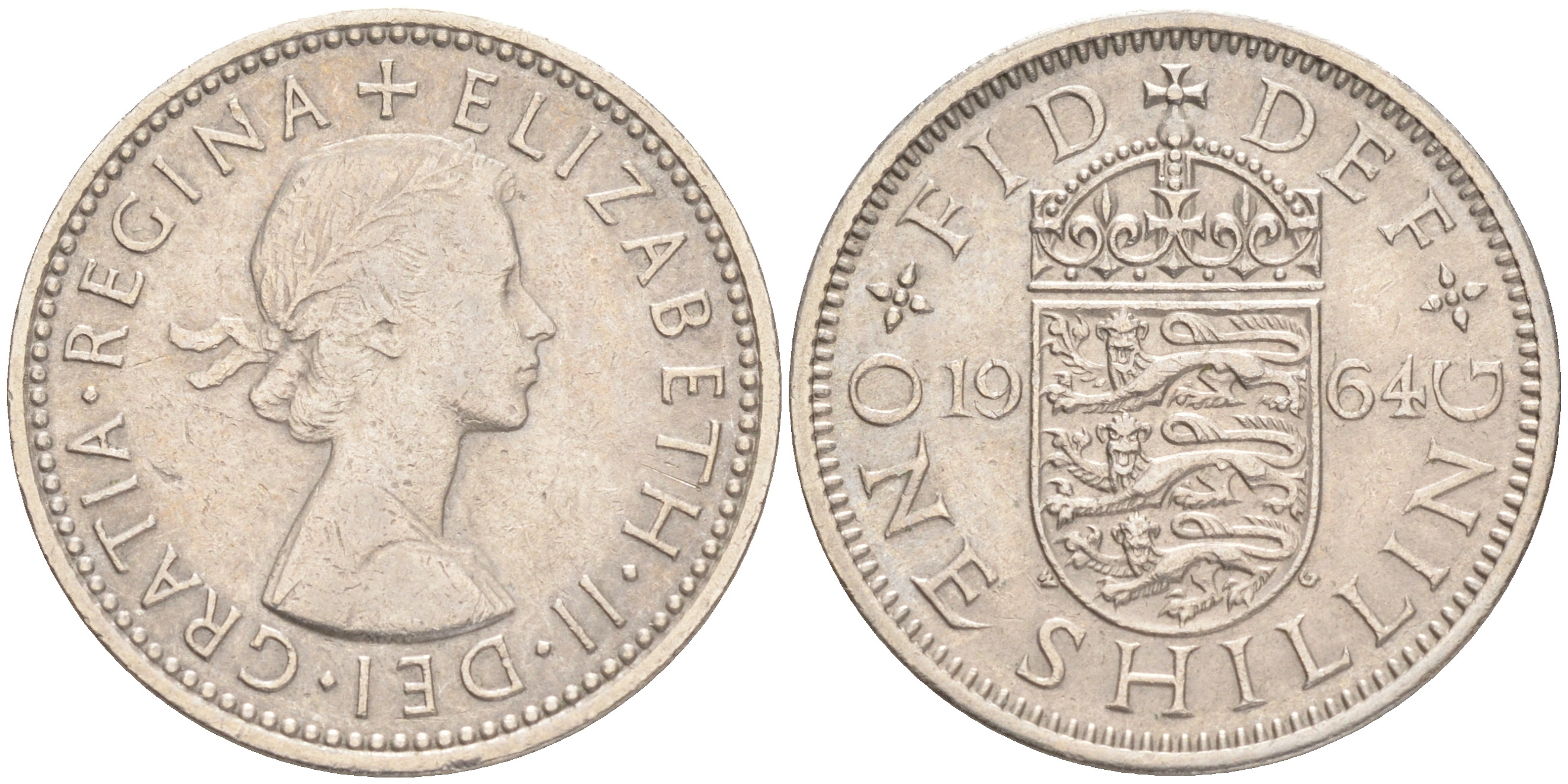 Великобритания 1 шиллинг 1964 Елизавета II (1952-2022), Английский герб KM 904, Spink 4147 медно-никель 4556-645