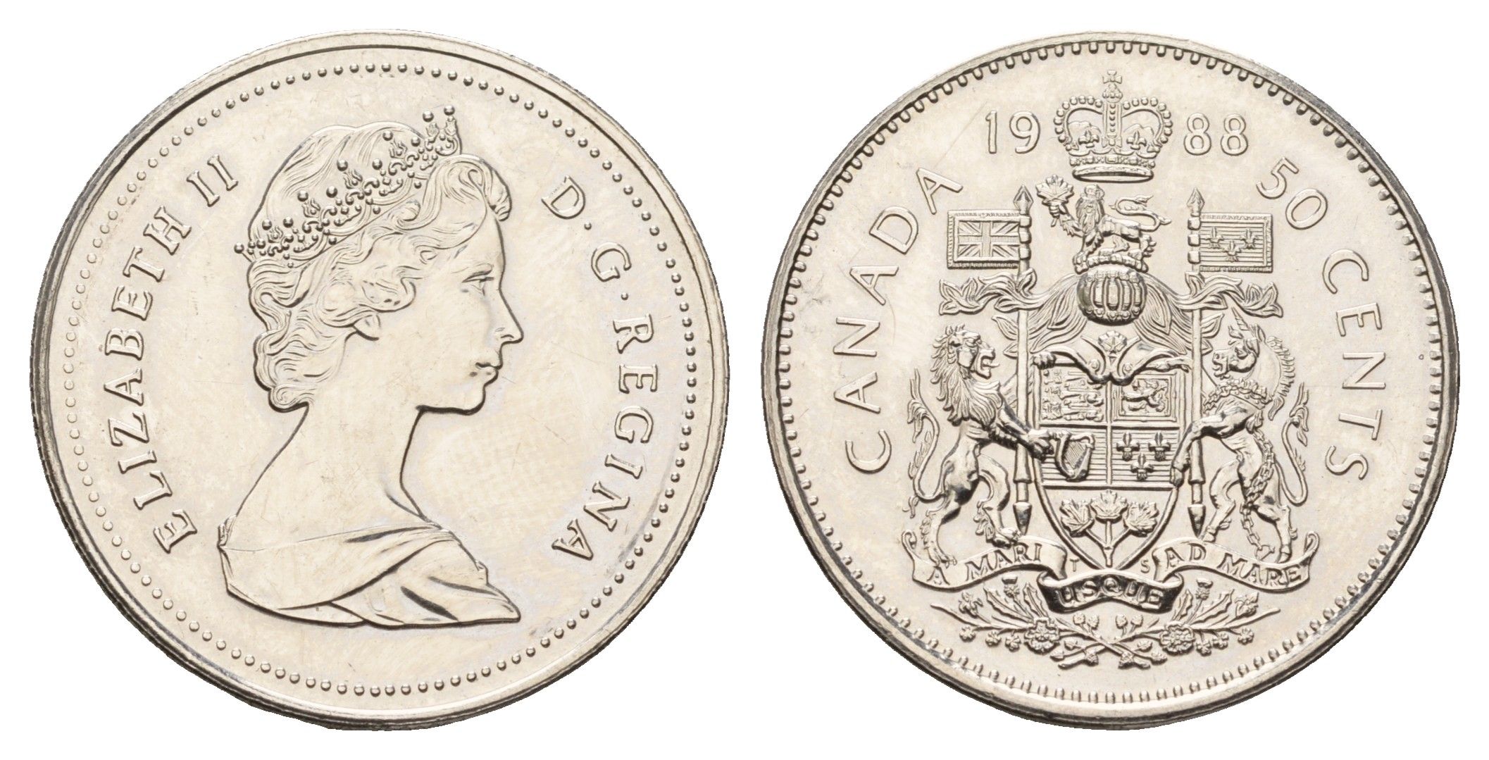 Канада 50 центов 1988 Елизавета II (1952-2022), герб KM 75.3 никель PROOF-LIKE (BU) 603-1034