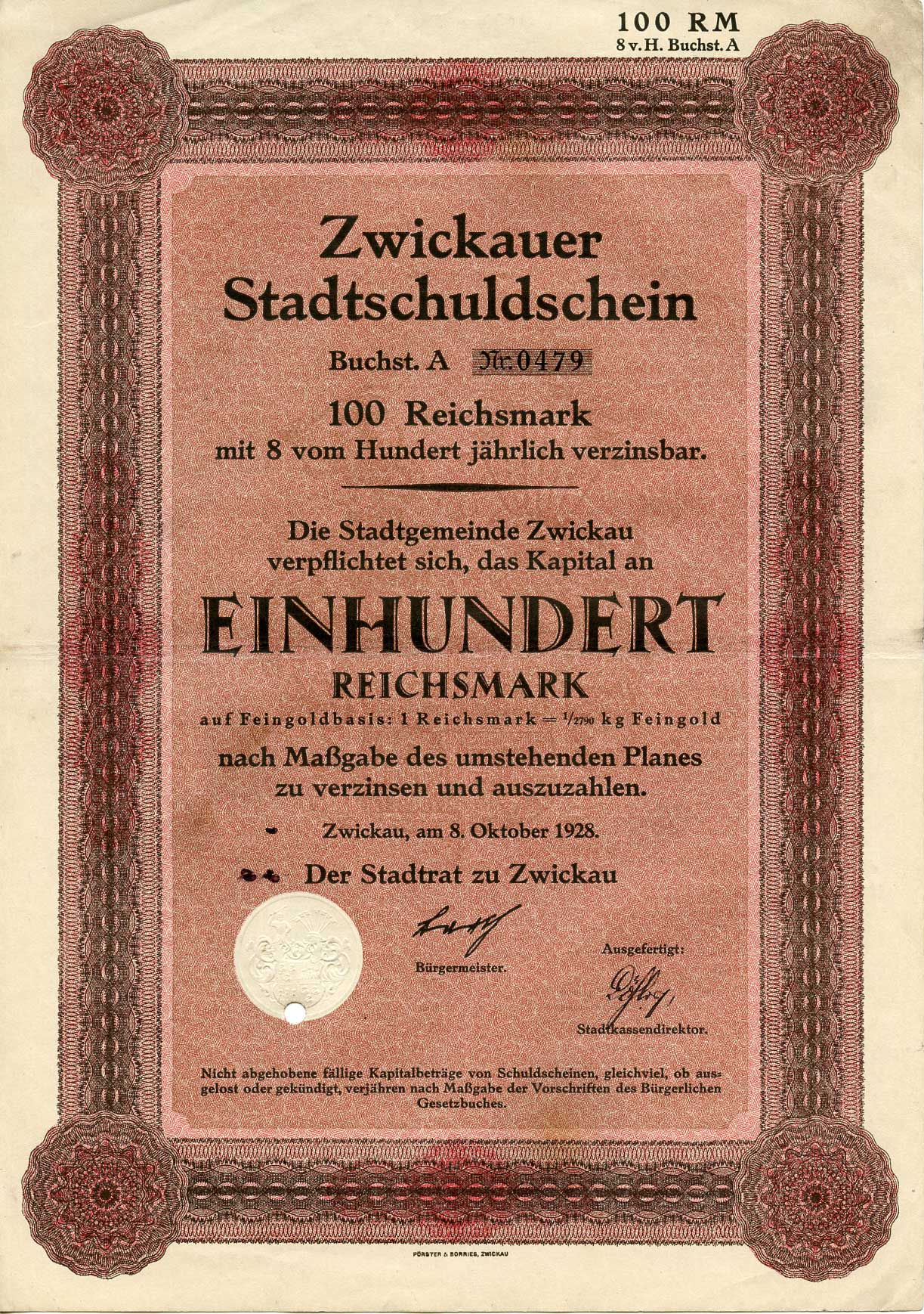 Германия 100 рейхсмарок 1928 Город Цвиккау долговая расписка 8%, облигация   бумага   8802-32-1