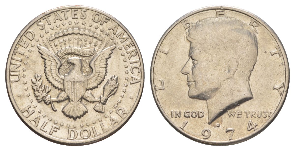 США 1/2 доллара (50 центов) 1974 D, Джон Кеннеди KM 202b медь плакированная медно-никелем aUNC 4123-132