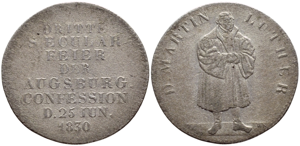 ГЕРМАНИЯ ЖЕТОН 1830 25 ИЮНЯ 1830, МАРТИН ЛЮТЕР РЕФОРМАТОР, 300 ЛЕТ АУГСБУРГСКОМУ ИСПОВЕДАНИЮ Whitting 666, Merseburger 2443 серебро 560-1714