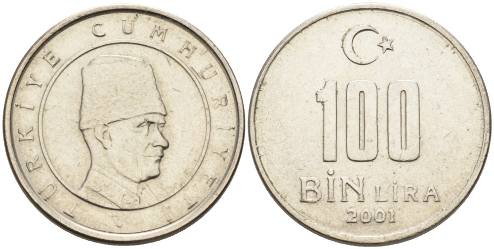 Турция 100000 лир 2001 Мустафа Кемаль Ататюрк KM 1106 медь никель цинк 4561-121