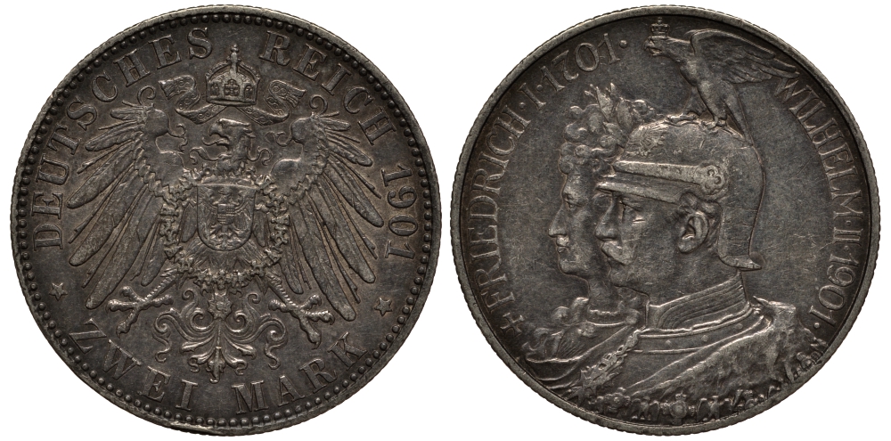 Пруссия 2 марки 1901 A, 200 лет Прусской королевской династии (Фридрих I - Вильгельм II) J.105, Weege 105, KM 525 серебро 3711-1113