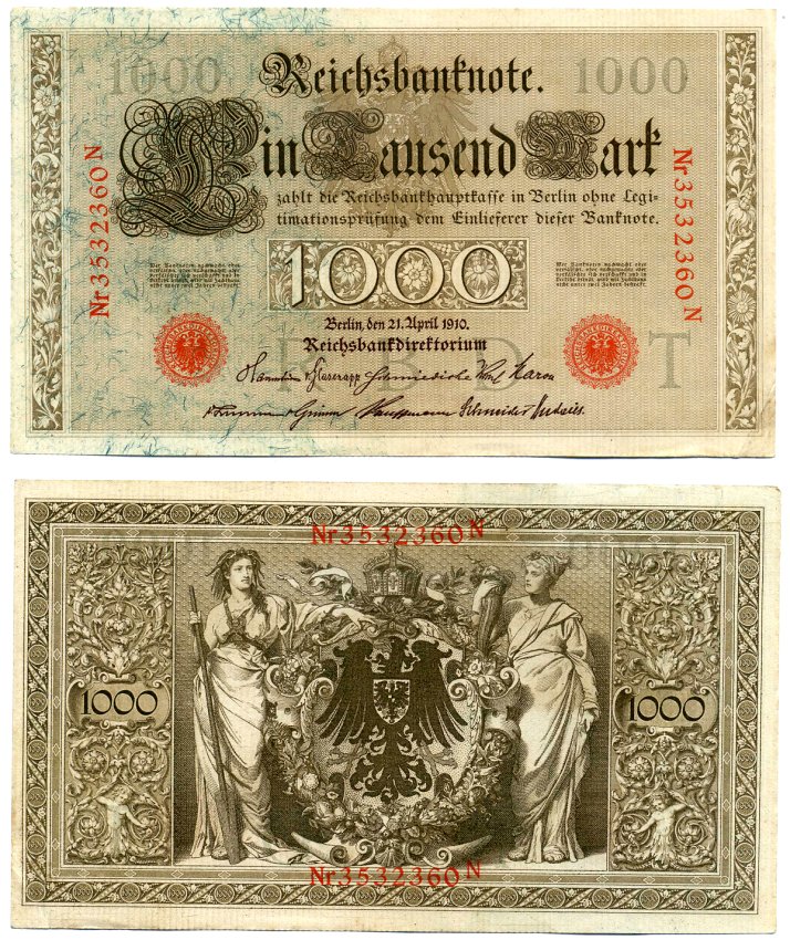 Германия 1000 Марок 1910 21 апреля 1910, Буква T, номер семизначный, серия N, Выпуск (09.1922) Pick 44b, Розенберг 45с бумага 8618-26-1-1