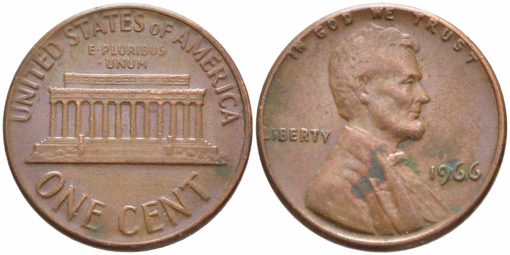 США 1 ЦЕНТ 1966 ЛИНКОЛЬН KM 201 медь цинк 112-418