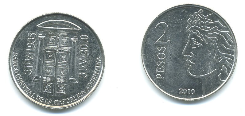 Аргентина 2 песо 2010 75 лет Центральному Банку KM 162 медно-никель UNC 36-126