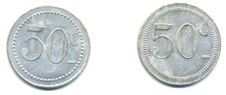 ФРАНЦИЯ 50 САНТИМОВ НАЧАЛО XX ВЕКА d 24 мм, вес около 1,0 гр., платежный жетон алюминий 89-921